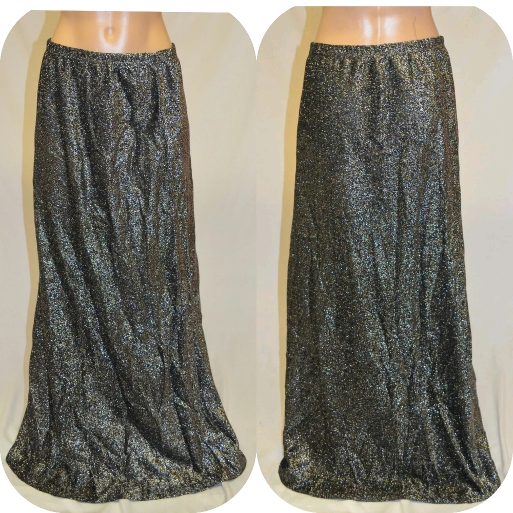 Montgomery Ward Vintage 70s Black Metallic Sparkle Disco Maxi Skirt size 12